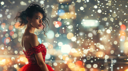 A fashionable young woman in a glamorous red cocktail dress strikes a pose in front of a glittering city skyline at night.の素材