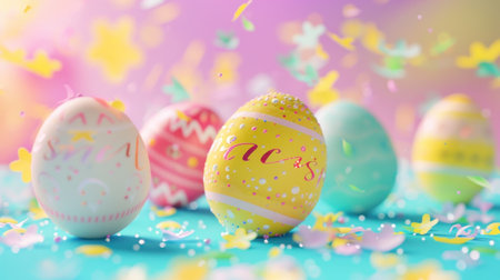 A joyful Easter message surrounded by a few beautifully decorated eggs.の素材