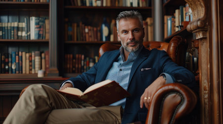A dapper gentleman in a classic navy blue blazer and khaki pants sits comfortably in a leather armchair.の素材
