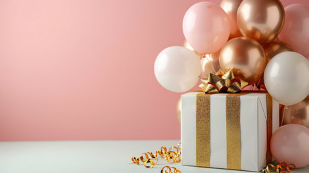 A white gift box with a gold bow and a bunch of gold and pink inflatable balloons behind it stand on the left against a bright minimalist background.の素材
