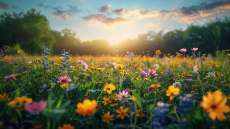 A peaceful meadow filled with colorful wildflowers.の素材
