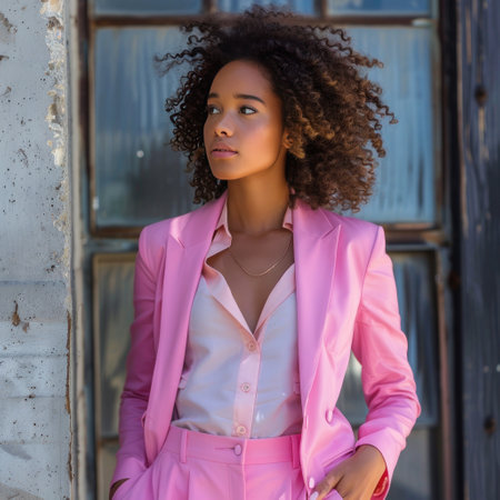 A stylish professional in a tailored pink pantsuit stands confidently, showcasing a modern and sophisticated look.の素材