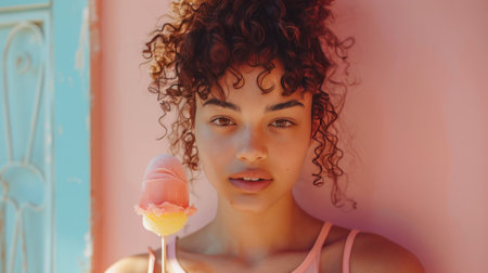 A young beautiful woman with curly hair in a ponytail stands against a minimalistic bright background.の素材