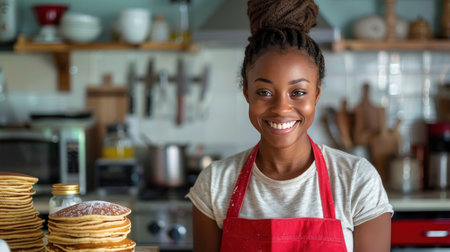 A young woman bakes pancakes in her bright, modern kitchen.の素材