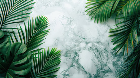 Abstract empty minimalistic white marble background with palm leaves on the left.の素材