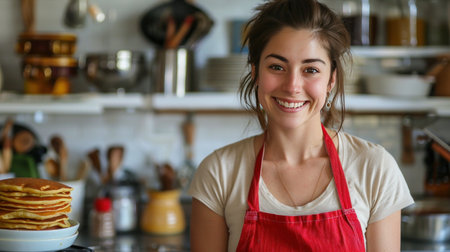 A young woman bakes pancakes in her bright, modern kitchen.の素材