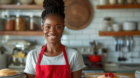 A young woman bakes pancakes in her bright, modern kitchen.の素材