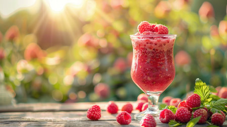 Compote of raspberries in a glass glass stands on a wooden table.の素材