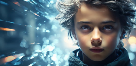 boy with futuristic face and futuristic background.の素材