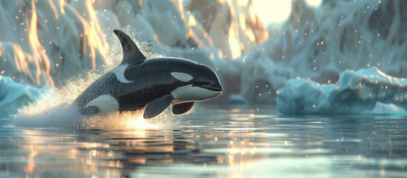 an orca jumping out from the water and jumping between some icebergs.の素材