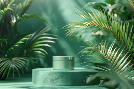 green podium for product presentation and palm leaves.の素材