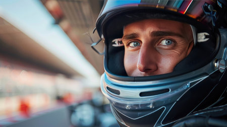 Handsome racing driver in a helmet looks at the camera and smiles.の素材