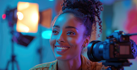 female in marketing video production studio smiling.の素材