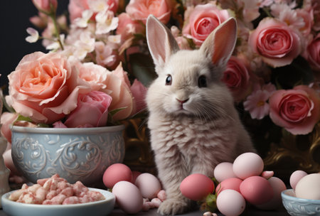 pastel pink background with a white rabbit and various colored easters eggs.の素材