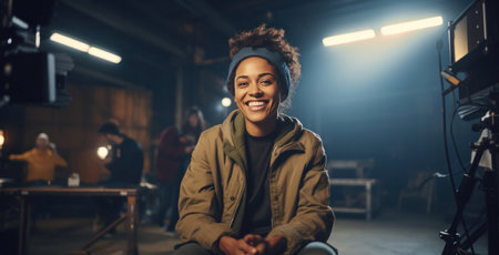 A woman sits in a filmmaking studio, smiling and speaking with the video crew.の素材