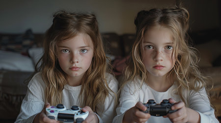 two young girls holding video gaming controllers.の素材