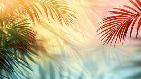 Beautiful minimalistic pastel background with palm leaf shadows on the sides.の素材