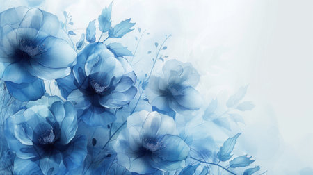 Abstract, beautiful minimalistic background with blue flowers and ample space for text.の素材