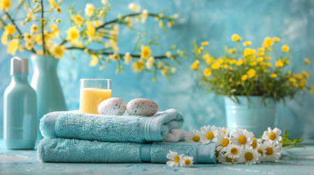 Easter-themed towels and fresh flower arrangements.の素材