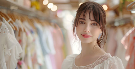A young beautiful woman in a white dress stands in a bright store and chooses light dresses.の素材