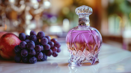 A beautiful glass bottle with purple eau de toilette stands on the left on a white table.の素材