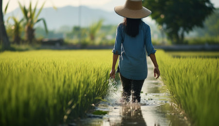 Asian Woman Stands by Rice Paddy.の素材