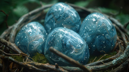 a group of painted blue eggs nestled in a nest.の素材