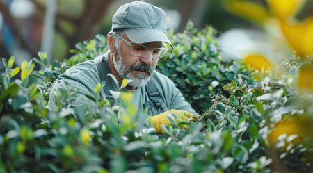 a garden man trimming hedges.の素材