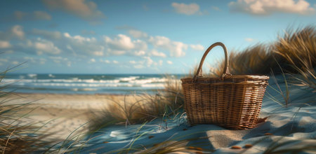 a picnic basket sits on a sandy beach.の素材
