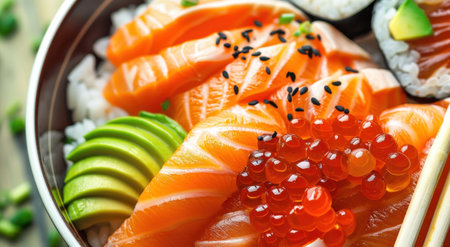 a bowl of sushi with salmon on top.の素材