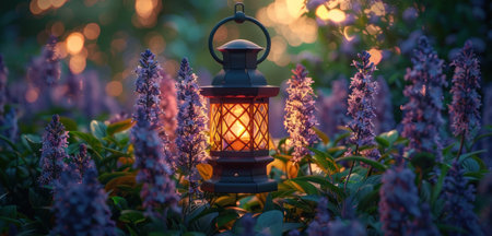 black lantern inside of violet flowers in the garden.の素材