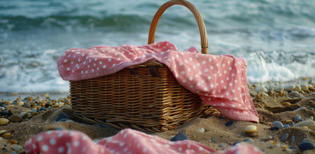 wicker basket on the beach with pink polka dot picnic blanket.の素材