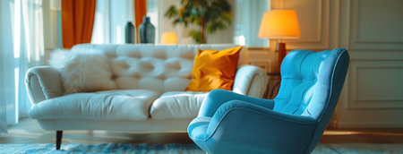 the apartment interior contains a white couch and blue chair.の素材
