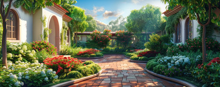 a beautiful backyard with flowers and shrubs.の素材