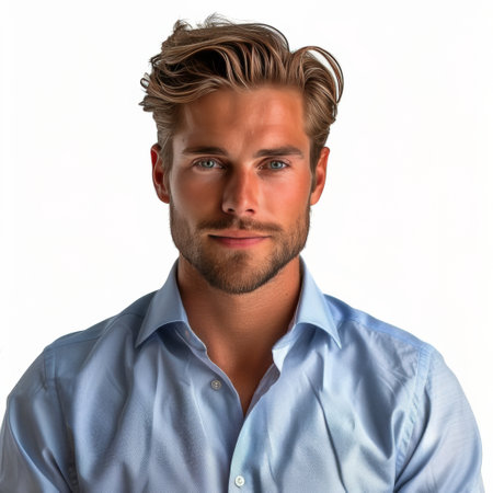 A man wearing a blue shirt is standing with his arms crossed.の素材