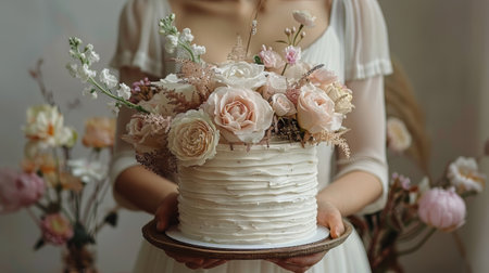 A white cake elegantly placed on top of a white table, creating a simple and clean aesthetic.の素材
