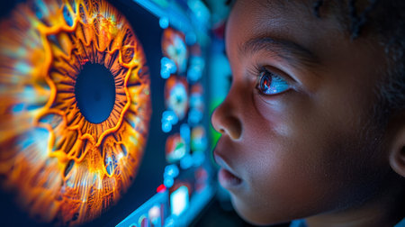 A young boy focuses intently on a computer screen displaying a large eyeball, engrossed in what he sees.の素材