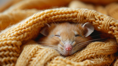 A rat is sitting inside of a blanket on top of a table.の素材