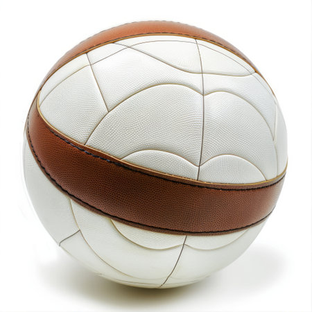 Detailed close-up of a basketball ball with textured surface, placed on a plain white background.の素材
