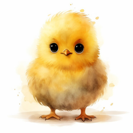 A small yellow chicken with big eyes standing on the ground.の素材