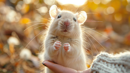 A hand gently holds a small mouse in its palm, showing the delicate interaction between human and animal.の素材