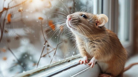 A rodent with a curious expression peeks out from a window, looking around with interest.の素材