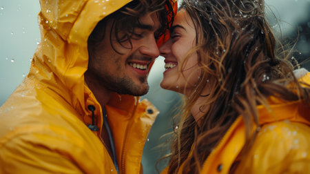 A man and a woman standing together under an umbrella while it rains.の素材