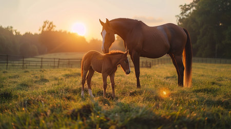 A horse and its foal are peacefully grazing in a field, surrounded by green grass and under a clear sky.の素材