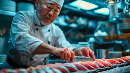 A chef skillfully prepares sushi in a busy kitchen setting, meticulously assembling the ingredients.の素材