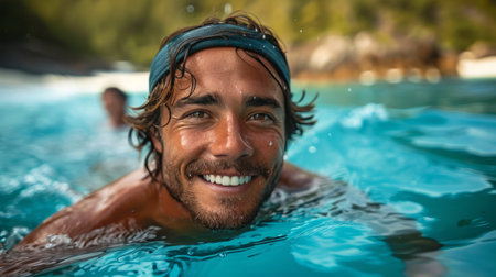 A young man with a smile on her face as she swims in the ocean on a sunny day.の素材