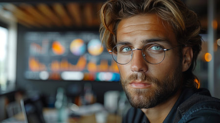 A man with glasses making direct eye contact with the camera.の素材