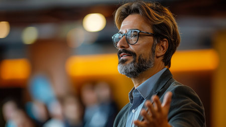 A man with glasses and a beard stands confidently in front of a diverse crowd, delivering a speech or presentation.の素材