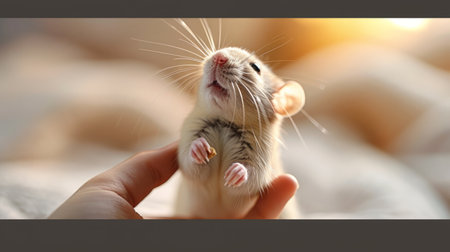 A hand gently holds a small mouse in its palm, showing the delicate interaction between human and animal.の素材