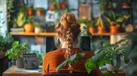 A woman is seated at a desk with various lush plants in the background.の素材